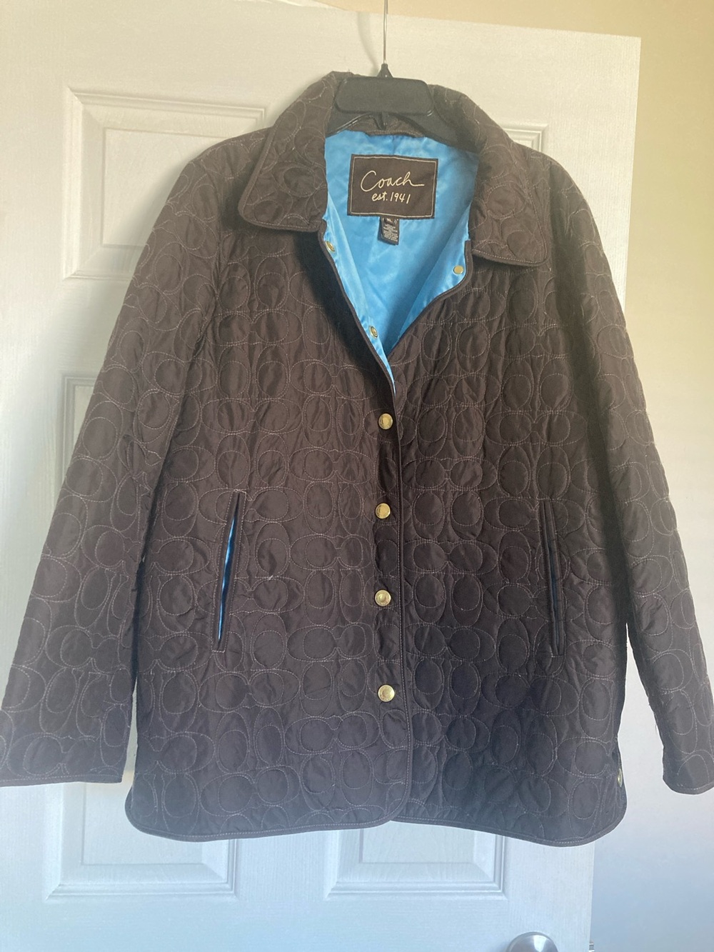 Coach Women's Quilted Brown Puffer Jacket with Blue Lining